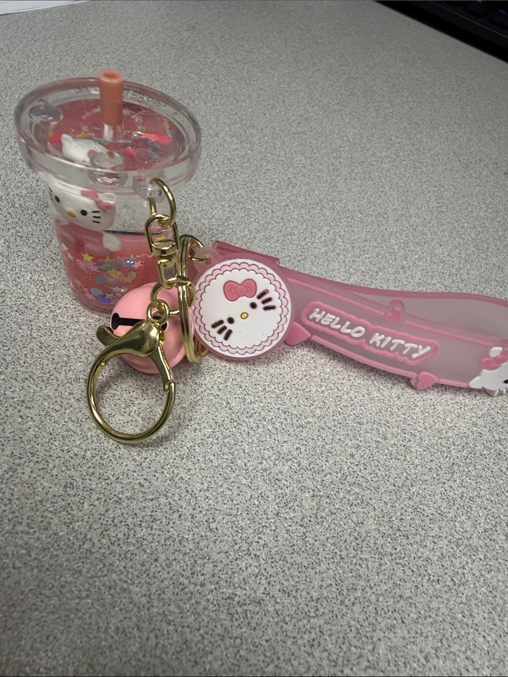 Hello Kitty Pink and Gold Charm Keychain with Cup and Tag